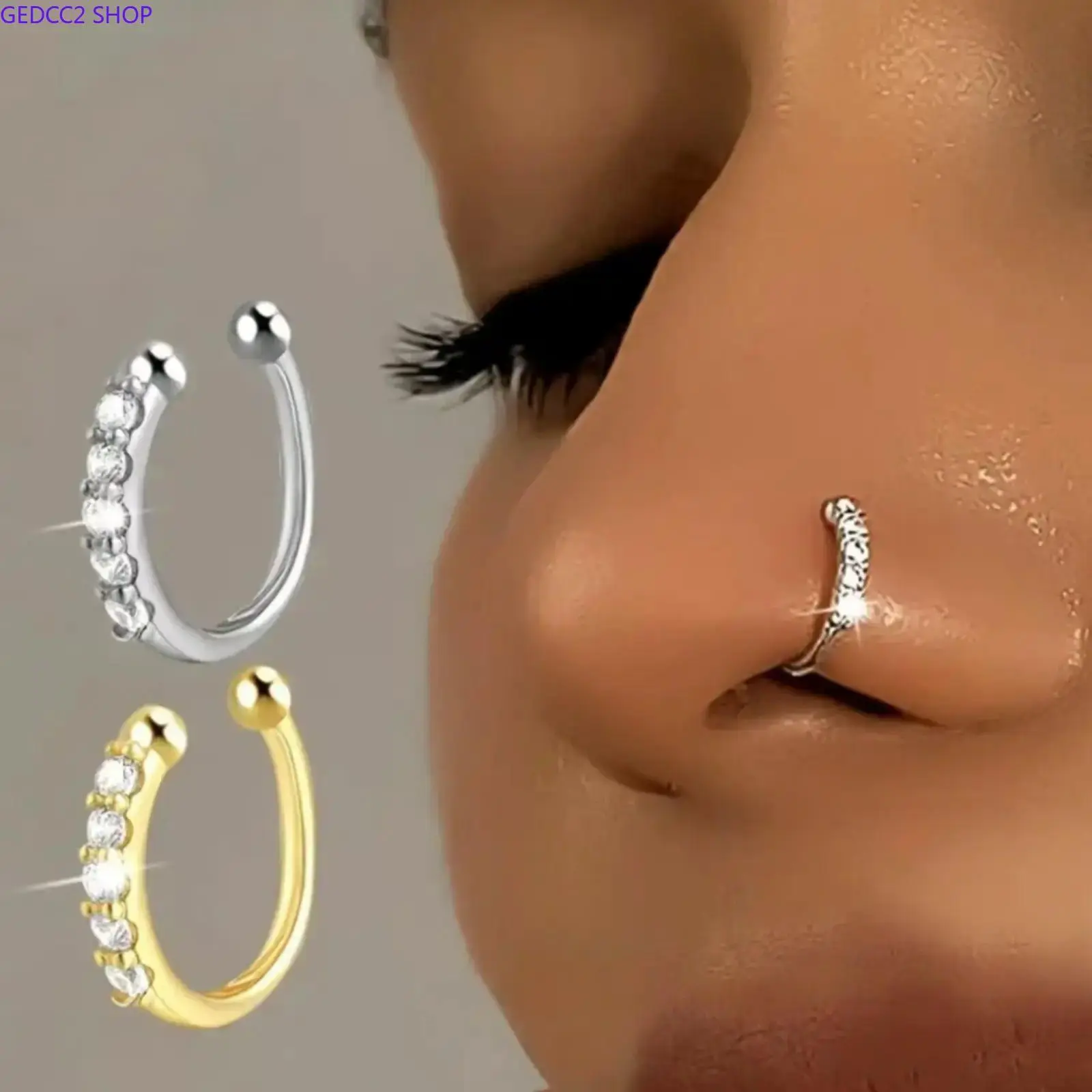 Silver Plated Rhinestone Piercing Jewelry Set, Nose Lip Rings Ear Cuffs Boho European Accessories for Men Women Daily Wear