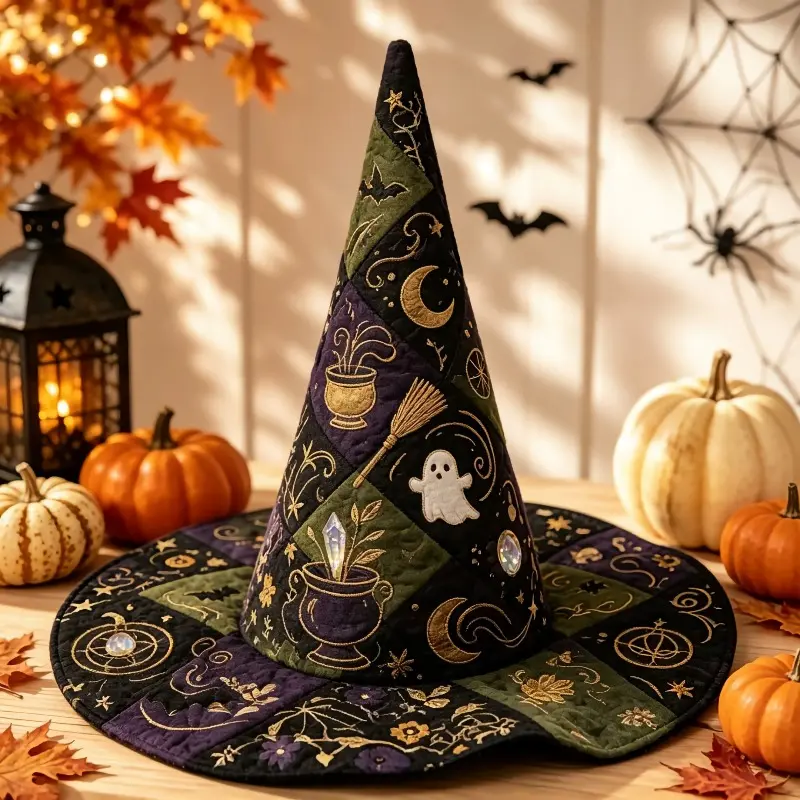 Halloween Quilted Patchwork Witch Hat, Wide Brim Wizard Hat with Ghost Cauldron Broom Moon Wand Pattern, Women's Gothic Halloween Cosplay Costume Accessories, Farmhouse Home Dining Table Party Decoration Masks