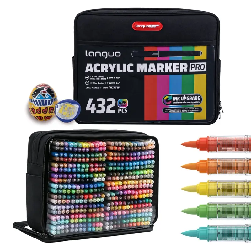Languo 288/432 Colors Acrylic Markers Pro Set,Ink Upgrade Color overlay ability,Intelligent ink system,Soft Tip 1-5mm,for painting on a wide range of materials For Glass, Ceramics, Plastics, Wood, Stone, Fabric,Black paper, etc