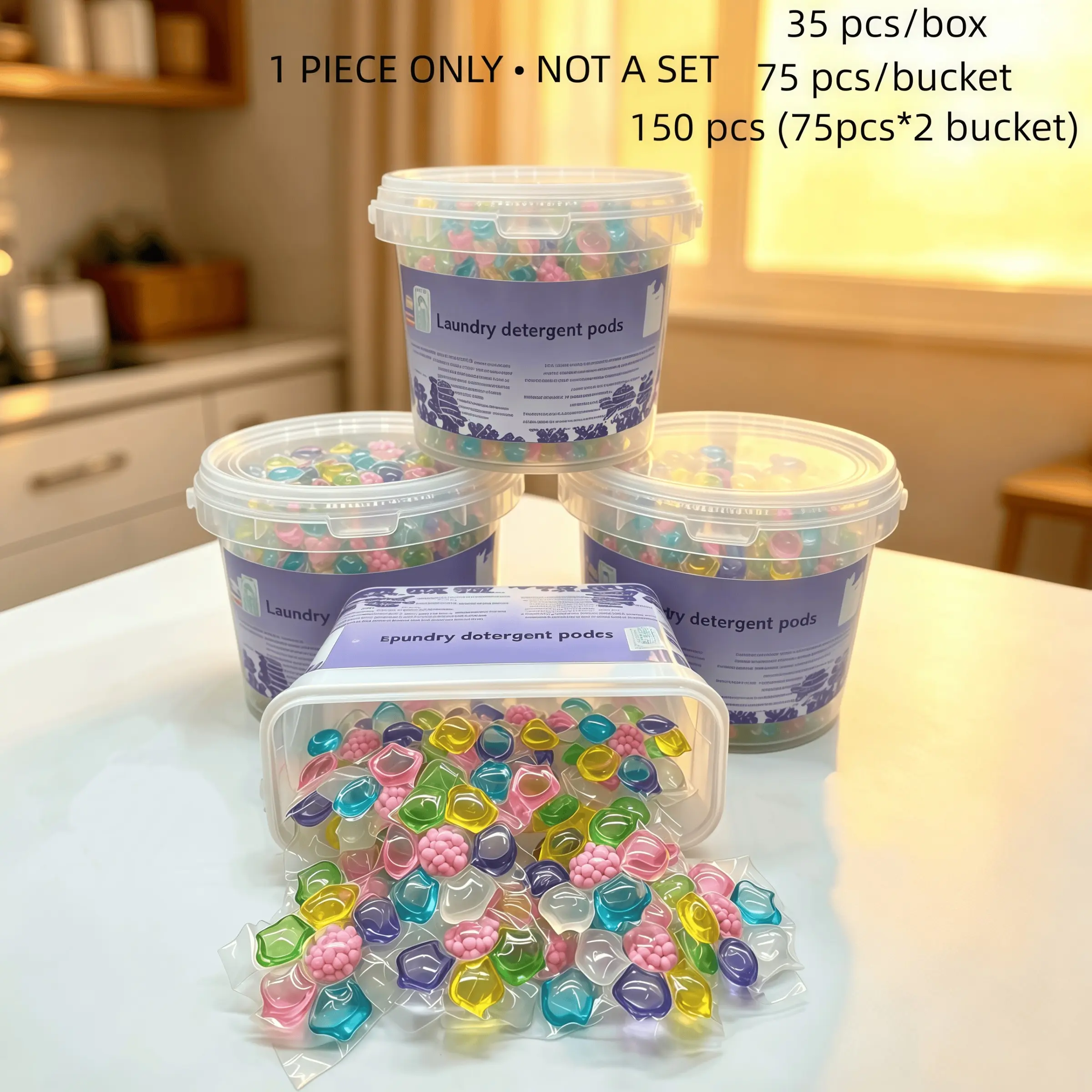 7-in-1 scented laundry pods. Washing Detergent 35pcs/box, 75pcs/bucket, 150pcs/bucket. It removes stains and sweat, preserves color, softens fabrics and delivers lasting scent. Easier to use than liquid detergent.
