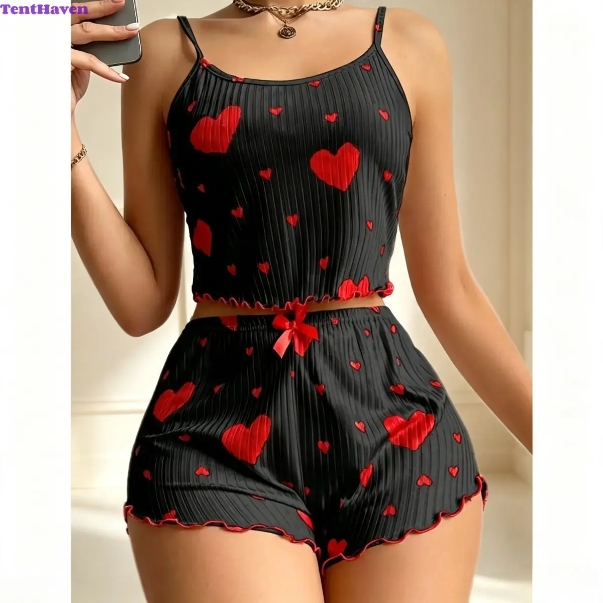 Women's 2-Piece Spaghetti Strap Sleeveless Top Women Pajamas Set - 2026 New Summer Heart Print Shorts, Youthful Cut Nightwear Loungewear (Sports & Outdoor Clothing Set), Short Shorts