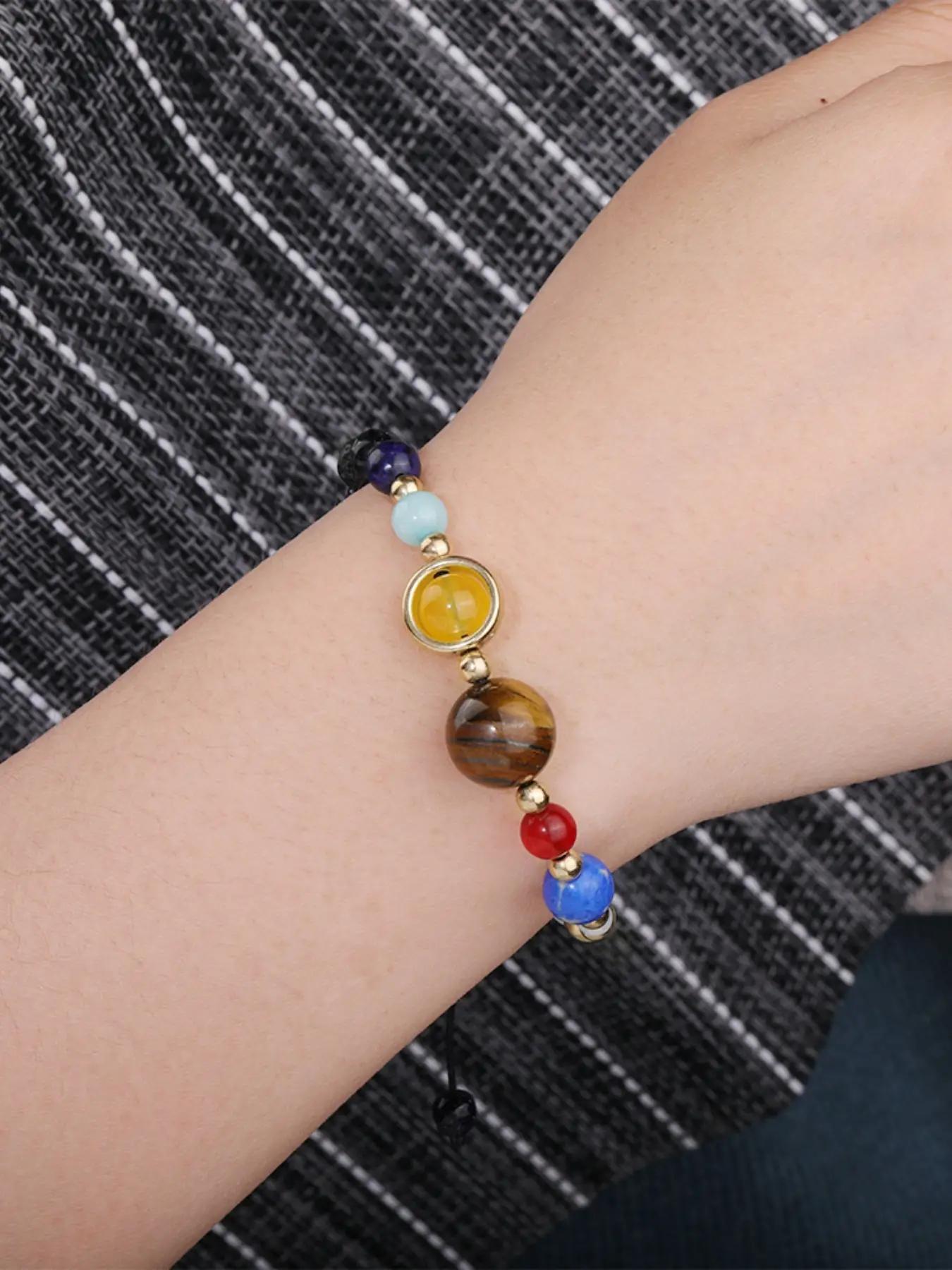 Planet Charm Beaded Bracelet, Colorblock Stone Beaded Bracelet for Women & Men, Fashion Jewelry for Party, Daily Clothing Decor, Trendy Exquisite Jewelry for Gift, Bead Bracelets, Stackable Bracelets, Solstice Gemstone Bracelet