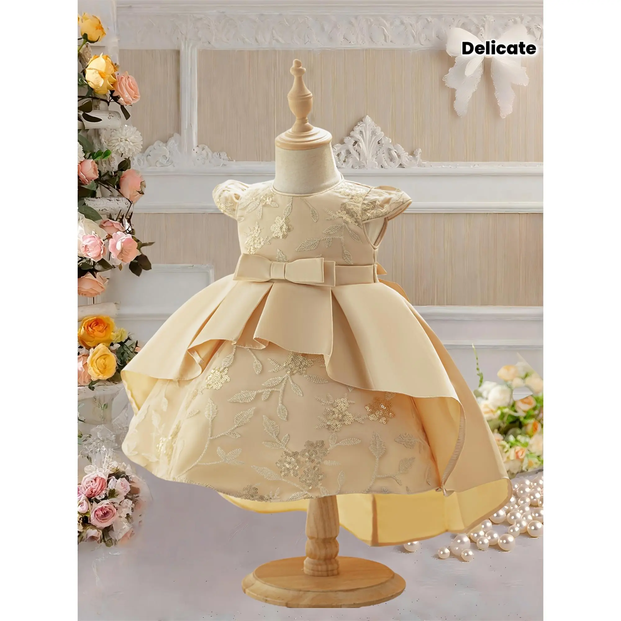 French-style romantic girls' tutu dress, with puff sleeves and a large bow, exquisite mesh fabric showcases a fashionable style
