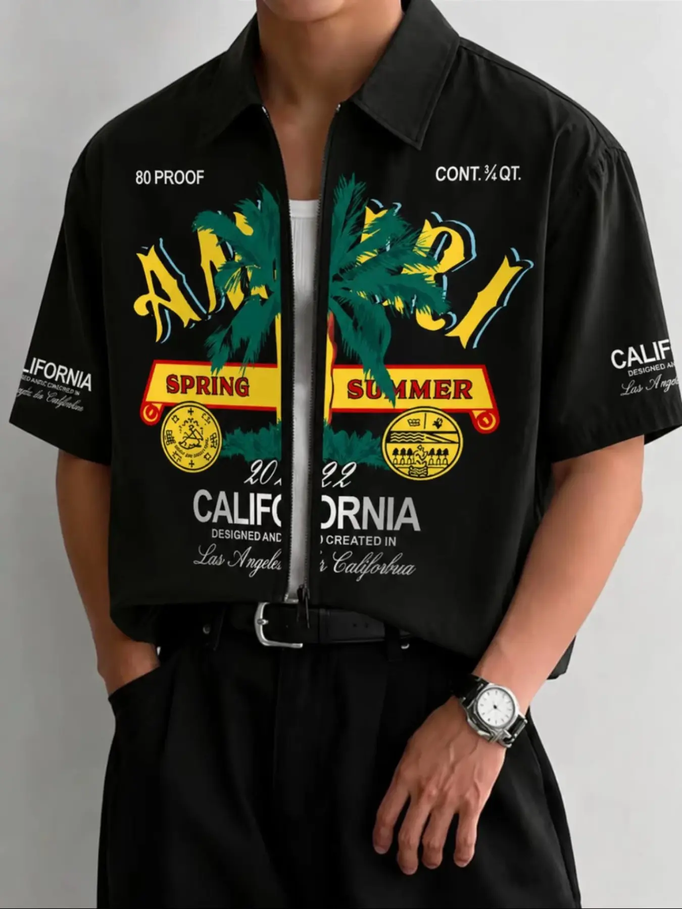 Base California Palm Tree Print Short Sleeve Shirt, Casual Fitted Design, Breathable Fabric, West Coast Lazy Style