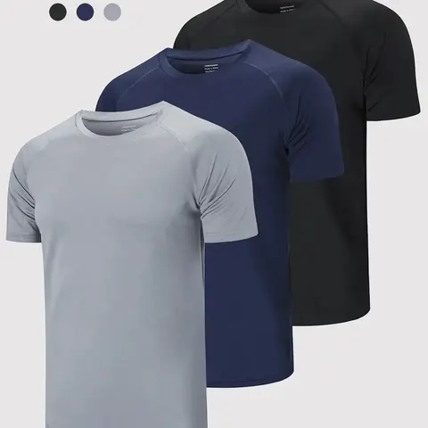 Men's Casual Sporty Solid Color Short Sleeve Round Neck T-Shirt, Four-Way Stretch Moisture Wicking Polyester Fabric, Lightweight Breathable Design, Polyester Sports Top