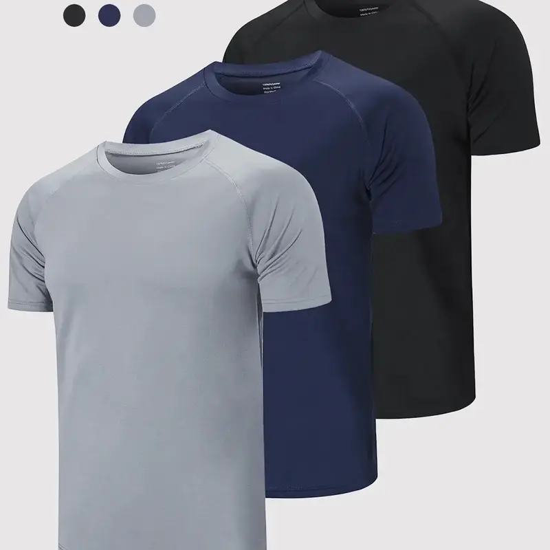 Men's Casual Sporty Solid Color Short Sleeve Round Neck T-Shirt, Four-Way Stretch Moisture Wicking Polyester Fabric, Lightweight Breathable Design, Polyester Sports Top