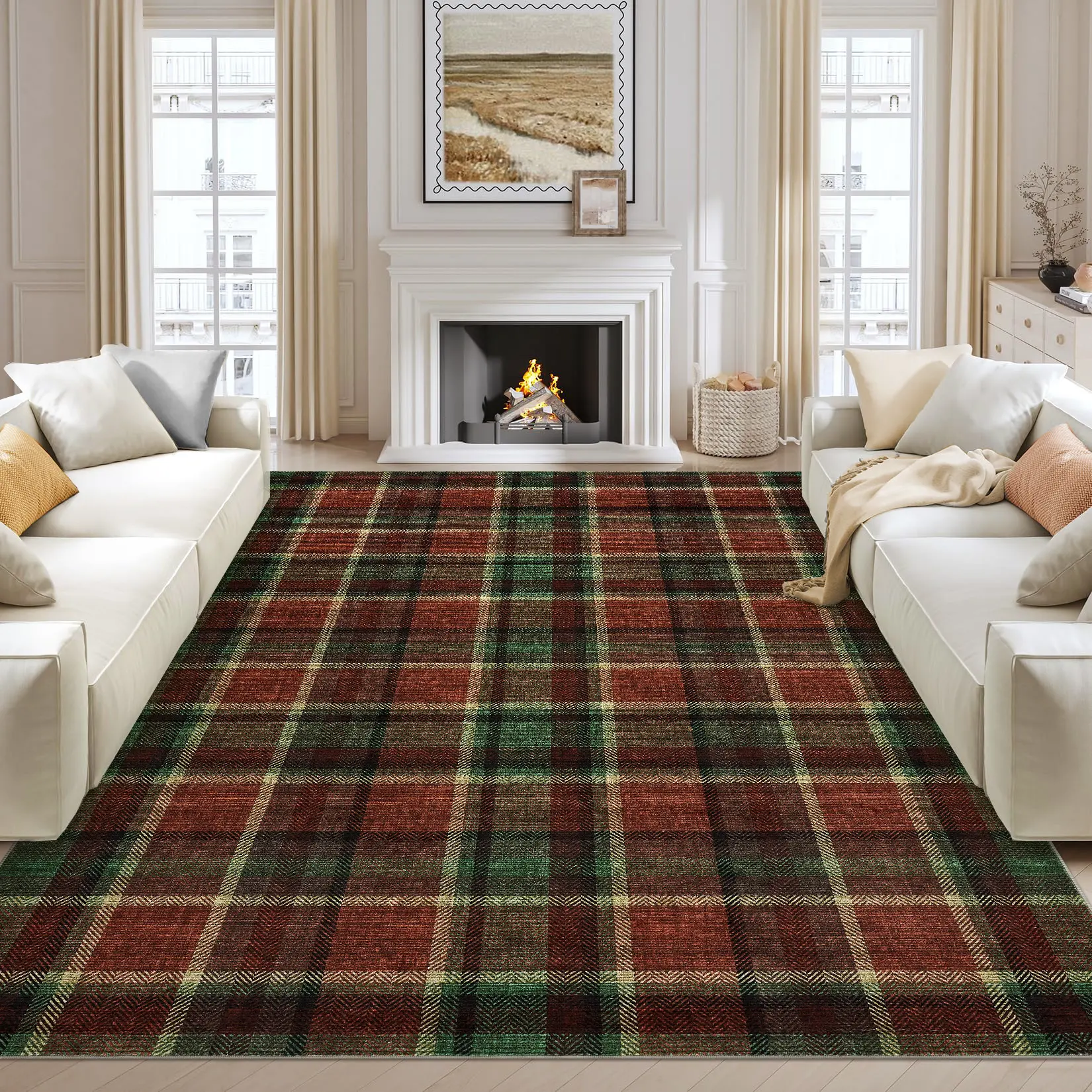 Washable Polyester Tartan Check Area Rug - Knitted Weave Modern Plaid Carpet, Non-Slip, Spill-Resistant, Low Pile, Grey & Blue Farmhouse Style for Living Room Decor, Bedroom