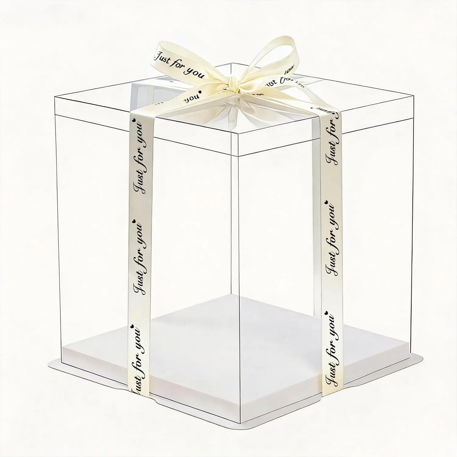 12x12x10 Clear PET Cake Boxes 5 Pack with Food-Grade White Base & Just For You Satin Ribbon, Tall Waterproof Cake Carrier for Home Bakers, Multi-Tier Wedding Cake, Dessert & Gift Packaging Box