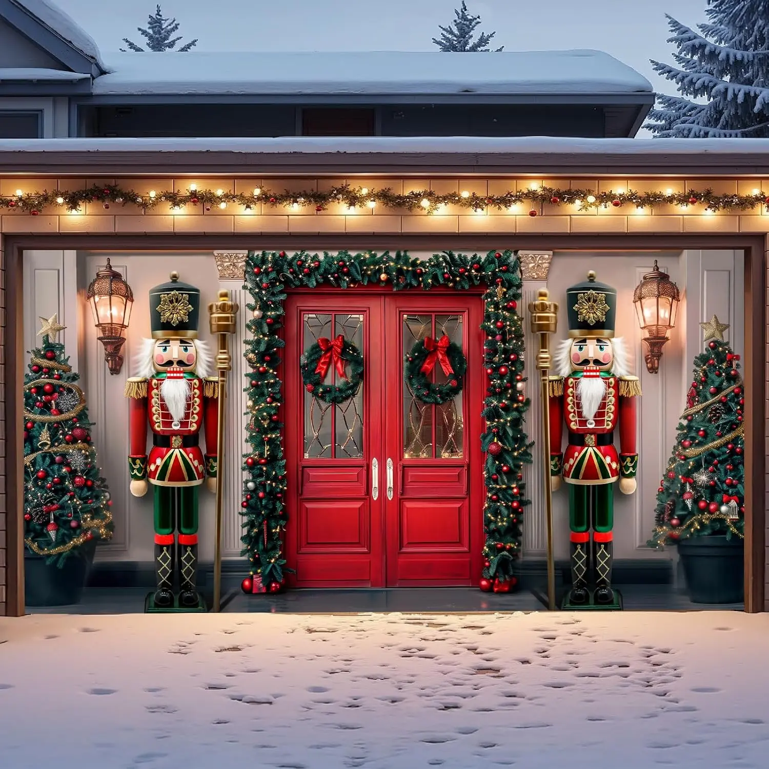 Christmas Garage Door Decorations Outdoor, Large Xmas Nutcracker Soldiers Welcome Scene Christmas Garage Door Cover, 6.5 x 13 Ft Rustic  Garage Buddy Christmas for  Wall Patio Yard Outside