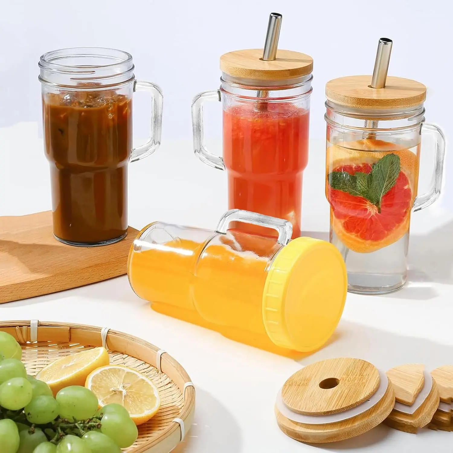 Nifogo Glass Cups with Bamboo Lids and Straws,24oz Glass Tumbler with Handles,4-Pack Mason Jar with Lids and Straw Wide Mouth, Reusable Smoothies Cups, Iced Coffee Cups, Drinking Jars Travel Mugs #Summer vibes