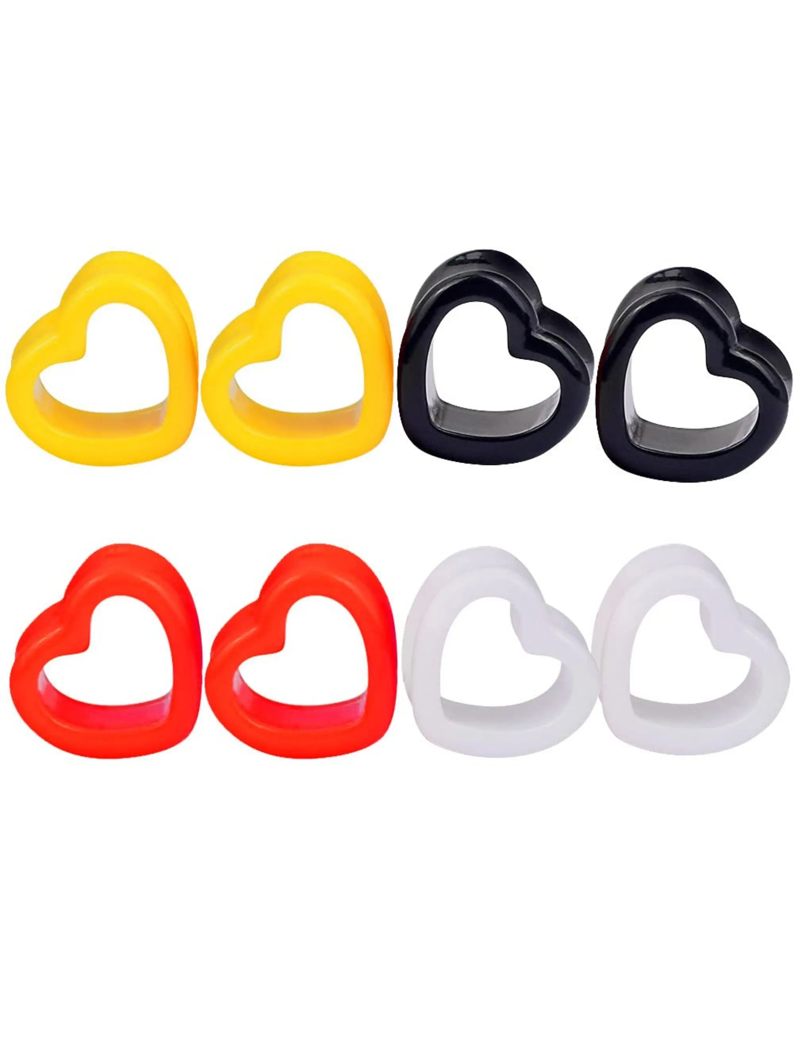 4Pairs Acrylic Heart Shape Gauges For Ears Ear Tunnels Plugs Flesh Stretchers Expander colors White Black Yellow And Red Size 6-16mm