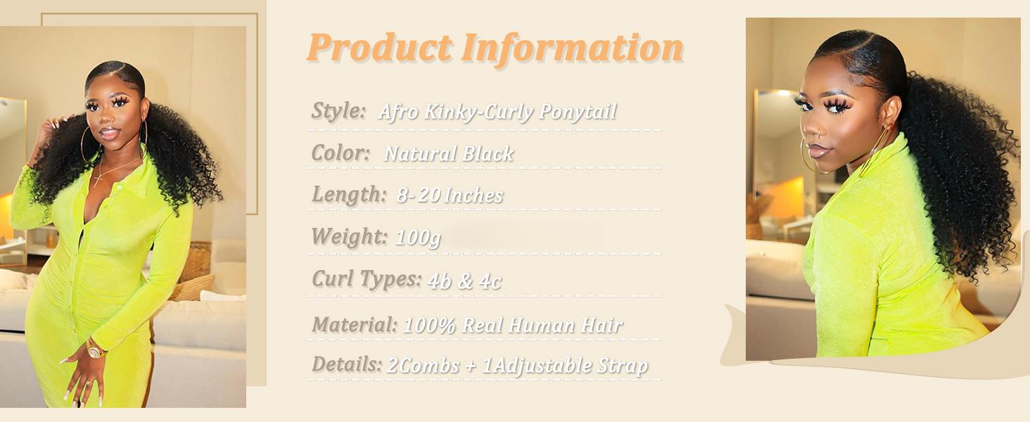Afro Kinky Ponytail Human Hair For Black Women Clip Ins Human Hair Extensions Kinky Curly Drawstring Ponytail Natural Color Easy to Install Afro Puff Human Hair Ponytail 4c  hair  extensions