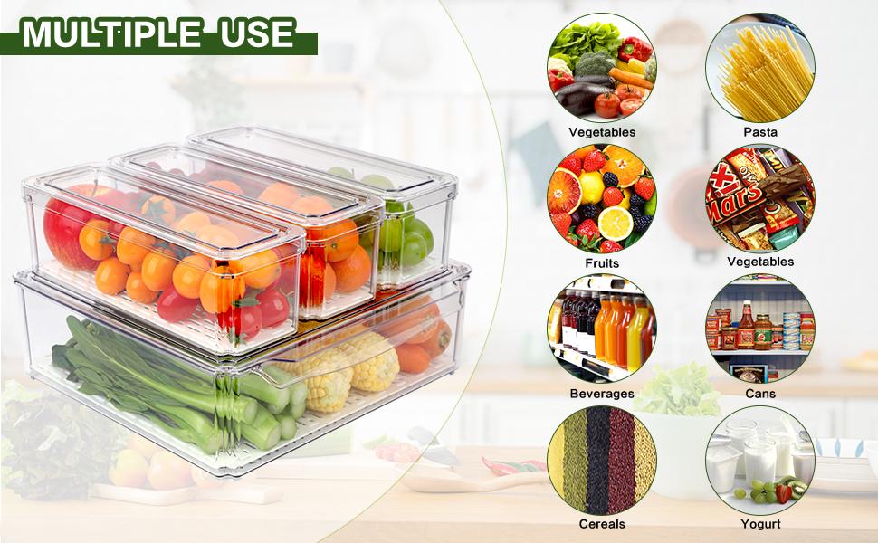 4 Pack Fridge Organizer, Stackable Refrigerator Organizer Bins with Lids, BPA-Free Fridge Organizers and Storage Containers for Fruit, Vegetable, Food, Drinks, Cereals, Clear