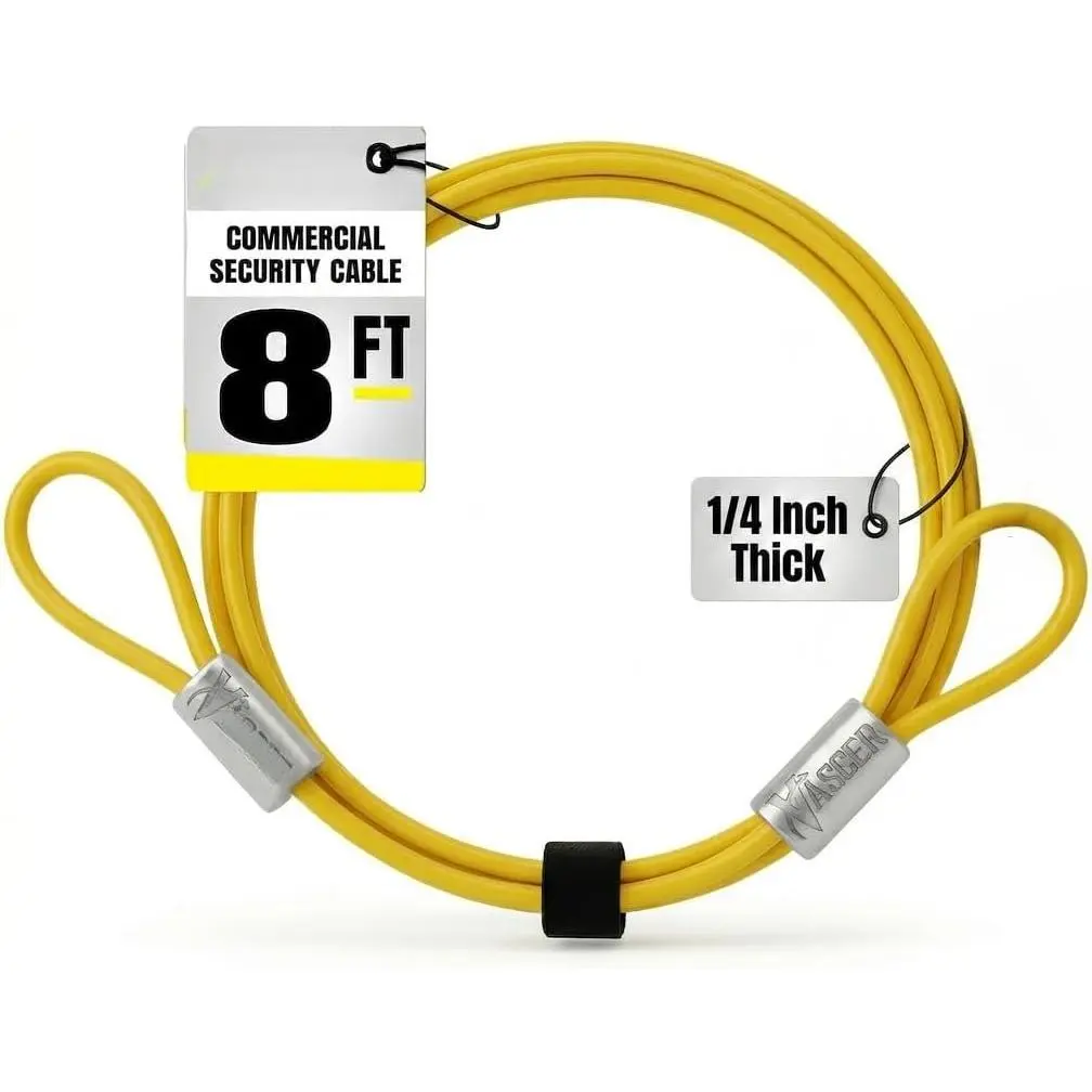 Heavy Duty Weatherproof Cut-Resistant Security Cable - 1/4” x 8ft PVC-Coated Galvanized Steel Braided Wire Lock with Loops for Bikes, Grills
