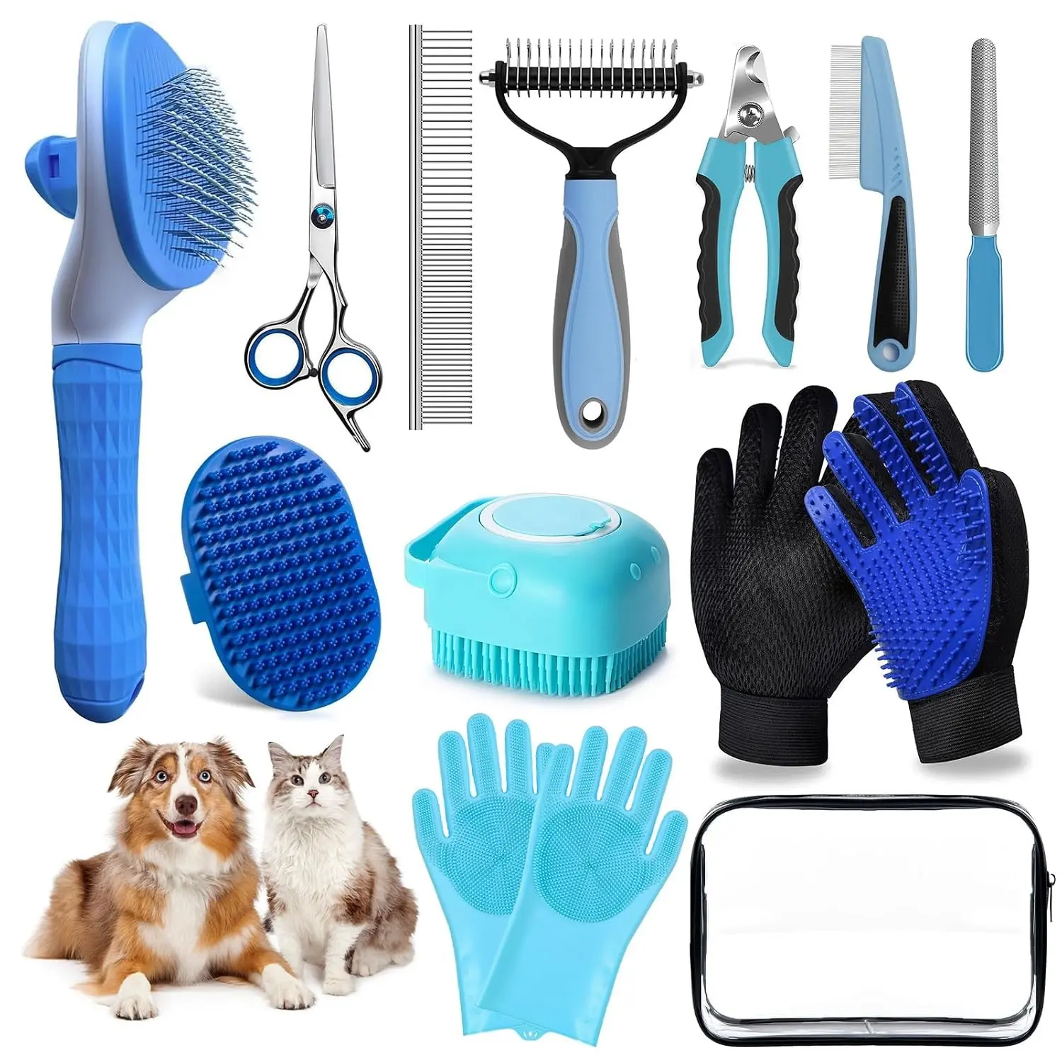 13pcs Pet Grooming Kit for Dogs and Cats - Shedding Aid Dog Brush, Nail Clippers with File, Dematting Comb, Shampoo Scrubber, Easy Cleaning Bath Supplies