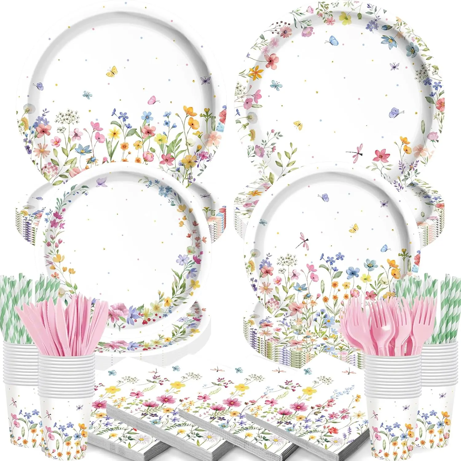 168PCS Magical Disposable Paper-Made Wildflower Party Decorations & Tableware Set - 2 Plate Sizes Round Plates, Napkins, Cups - Serves 24 Guests for Baby Shower