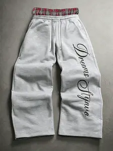 Men's High-Waist Baggy Sweatpants, Double Waistband With Plaid Lining And Letter Print, Ideal For Urban Streetwear And Casual Daily Wear, Oversized