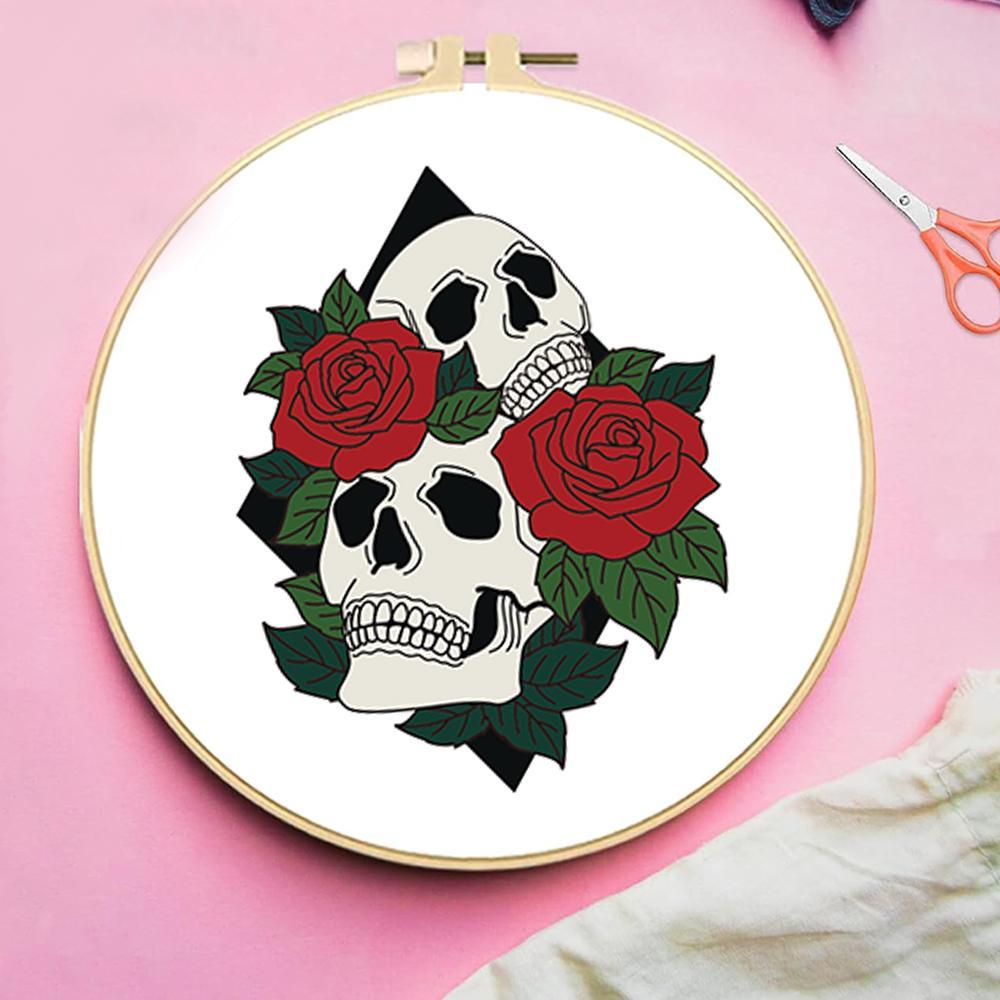 Skull & Flower Pattern Embroidery Kit, 4 Counts/set Diy Embroidery Kit with Random Color, Tools & Instructions, Embroidery Supplies for Beginners, Embroidery Design