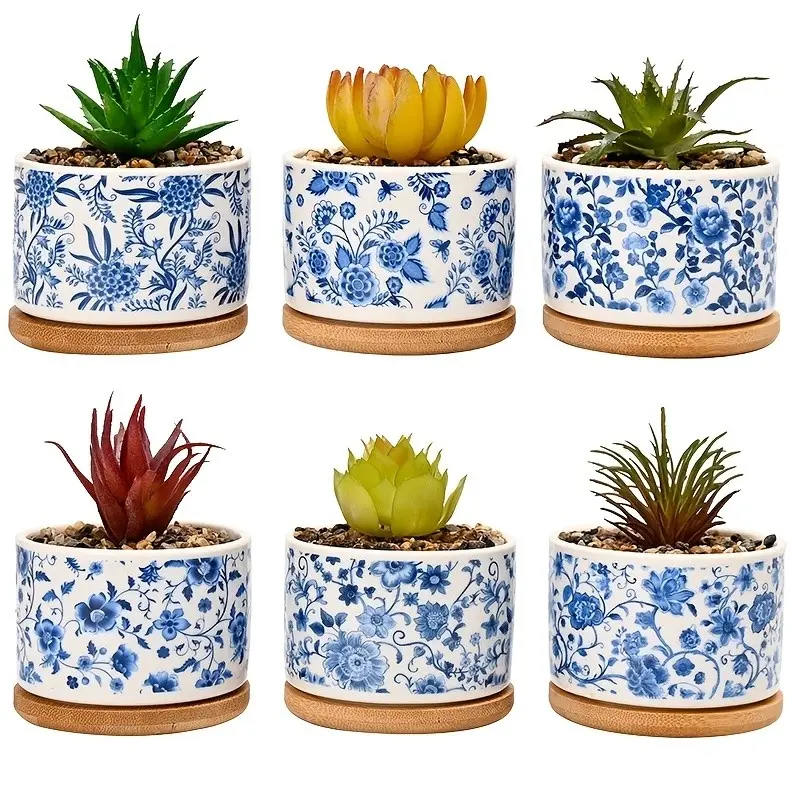 6pcs Creative Vintage Blue and Porcelain Succulent Pots Set, Indoor Outdoor Garden Office Living Room Coffee Shop Decor, Drainage Holes Included