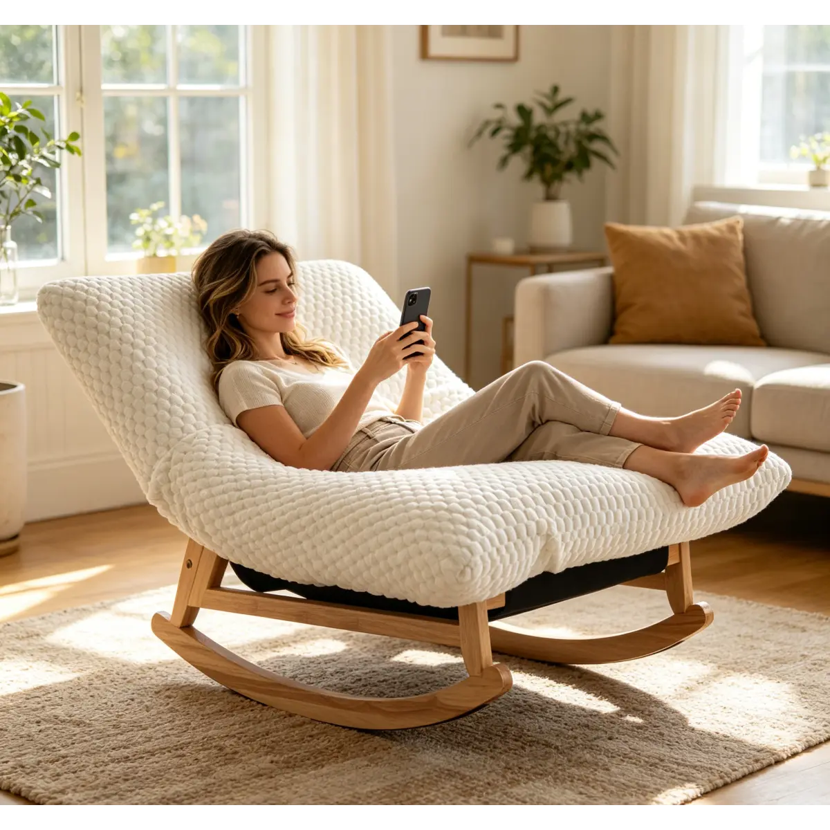 Adult Corduroy Bean Bag Rocking Chair - Solid Wood Frame, Armless Accent Lazy Sofa, Single-Seat with Backrest for Living Room, Bedroom