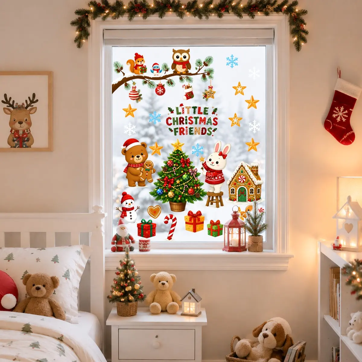 Little Christmas Friends Static Window Clings, Cute Bear Rabbit Squirrel Owl Snowman Tree Gingerbread House, Non-Adhesive Glass Decals for Home Shop Windows Holiday Decor