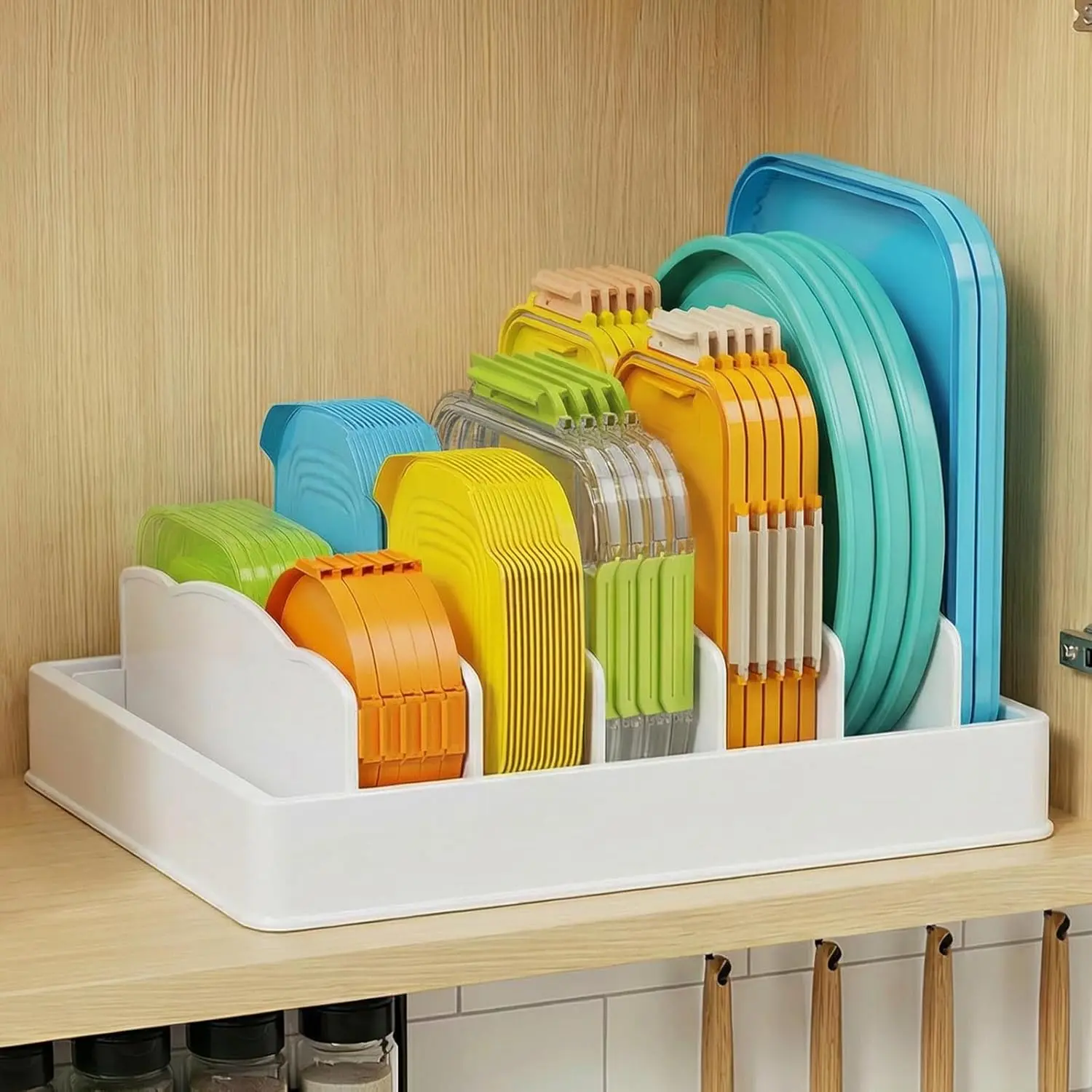 Large Food Container Lid Organizer, 7-Section Storage Holder with 6 Adjustable Dividers for Kitchen Cabinets, Pantry, and Drawers - 13" x 10"