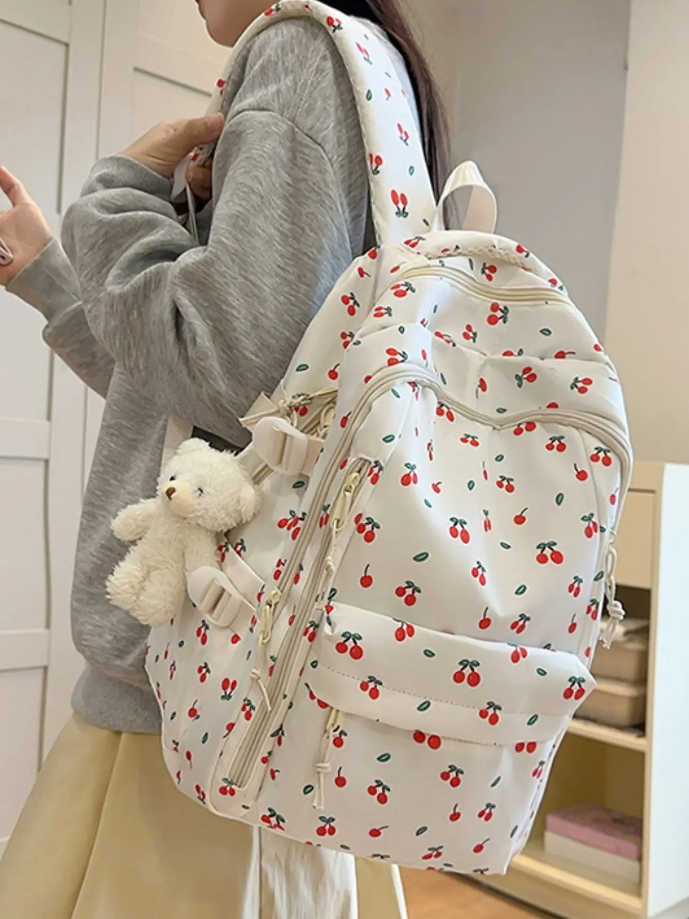 2026 New Korean Style Cherry Print Backpack for Women, Large Capacity Multi-Layer Waterproof Student Bag, Casual All-Season Backpack