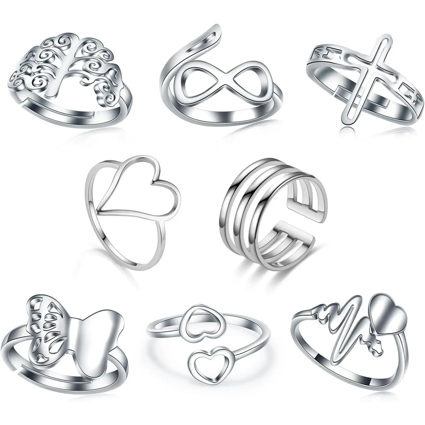 8 Pack Stainless Steel Rings Set for Women  Aesthetic  Rings Adjustable Stackable Rings for Teen Girls Trendy Knuckle Thumb Finger Rings Size 8 9 7 10 Indie rings