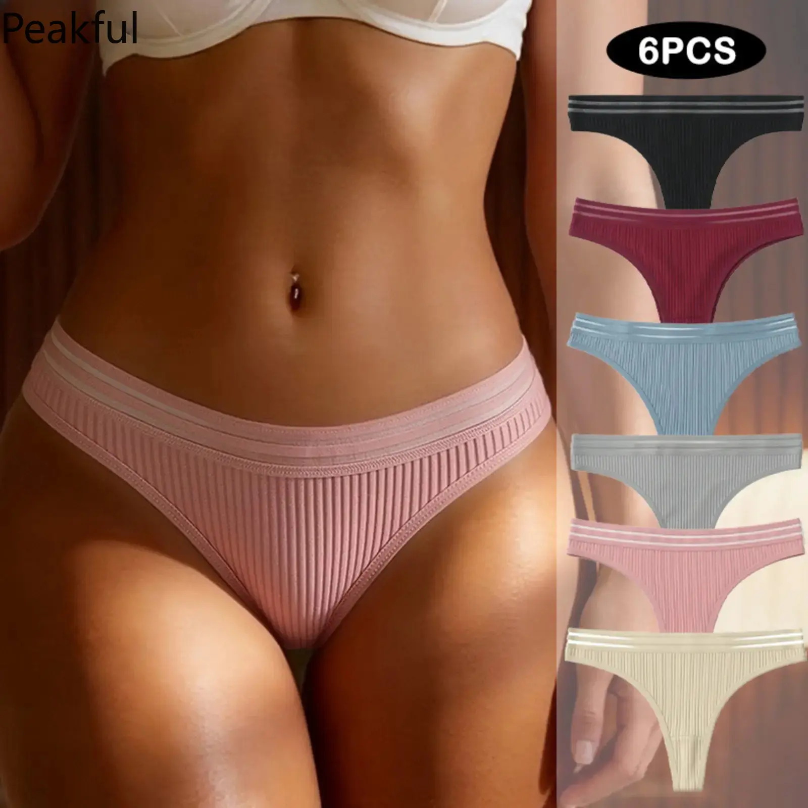 6Pcs Ribbed Thongs for Women, Double Hollow Out Strap G-String with Stretchy Low Rise Fit & Seamless Edges, Invisible T-Back Underwear Multipack for Yoga, Gym & Daily Comfort