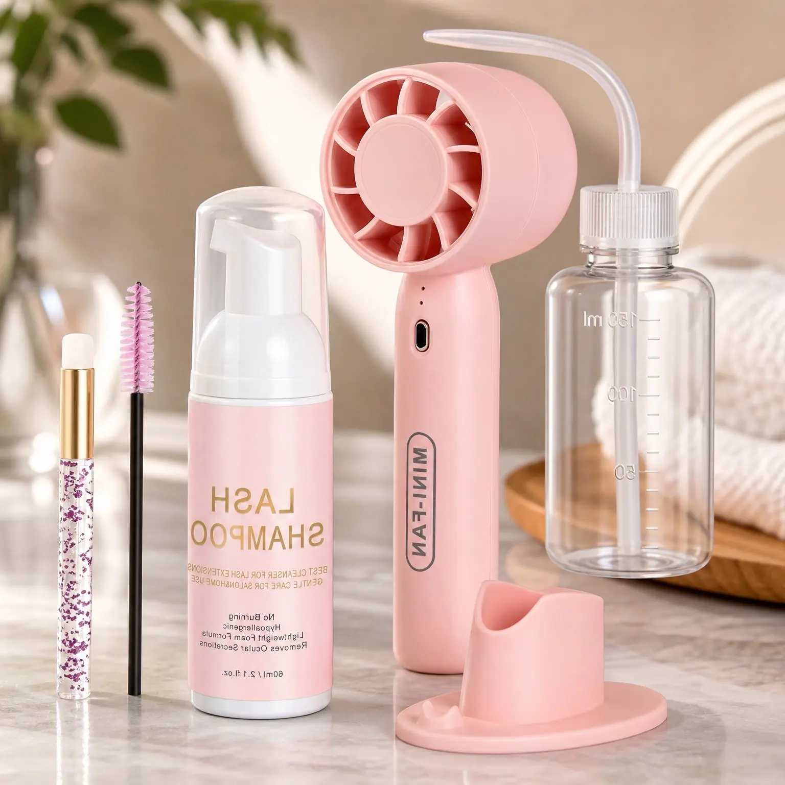 Lash Shampoo Kit 2.02 fl oz with Fan (Pink) – Eyelash Cleaning Set with Dryer, Brush & Rinse Bottle, Oil-Free Cleanser for Extensions, Clusters & Natural Lashes, Eyelash Care CleanerGift
