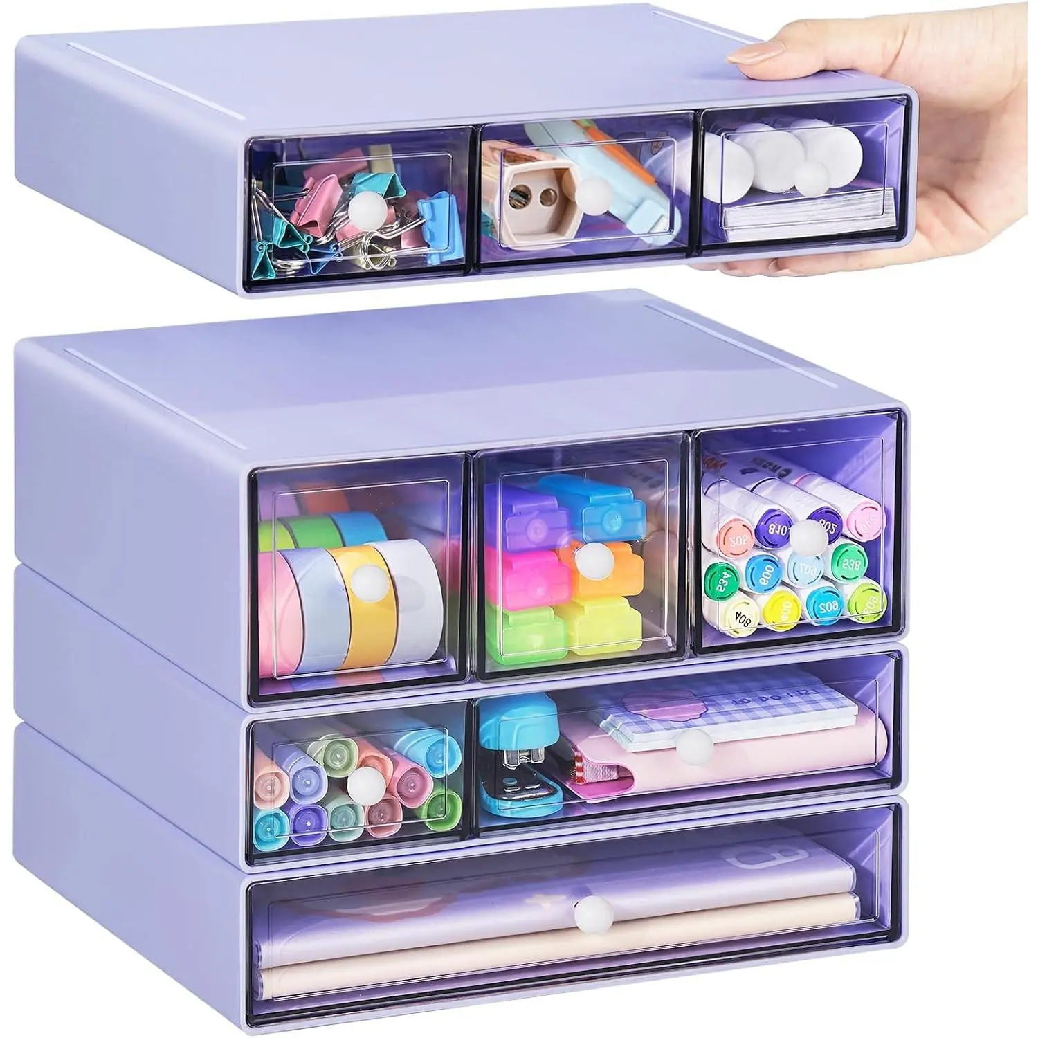 Desk Storage Organizer with 9 Drawers, 4 Tiers Stackable Desktop Craft Storage Drawers, Clear Storage Box Caddy for Stationary Makeup Jewelry Office Craft Supplies (Purple)Gift