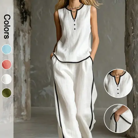 Women's Summer Loose-Fit Set, V-Neck Fake-Button Contrast-Edge Sleeveless Top and Wide-Leg Pants, 2-Piece Outfit for Casual Wear, Fashion Style Sets