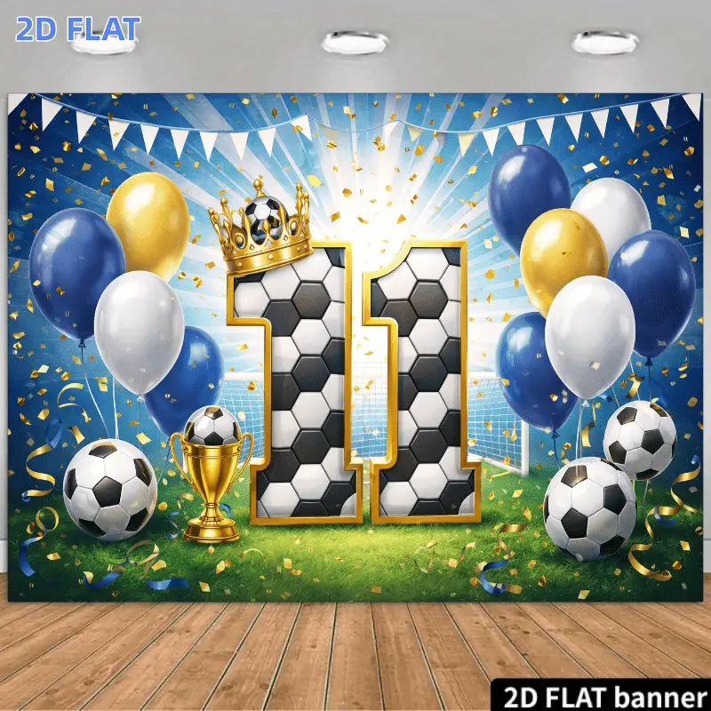 2D Flat Banner 1pc, Soccer Birthday Party Backdrop Number 11 Design with Crown Balloons Soccer Ball and Pennant Flags Durable No Power Supply Needed Ideal for Indoor/Outdoor Celebrations Versatile Wall Decoration for Home Office O