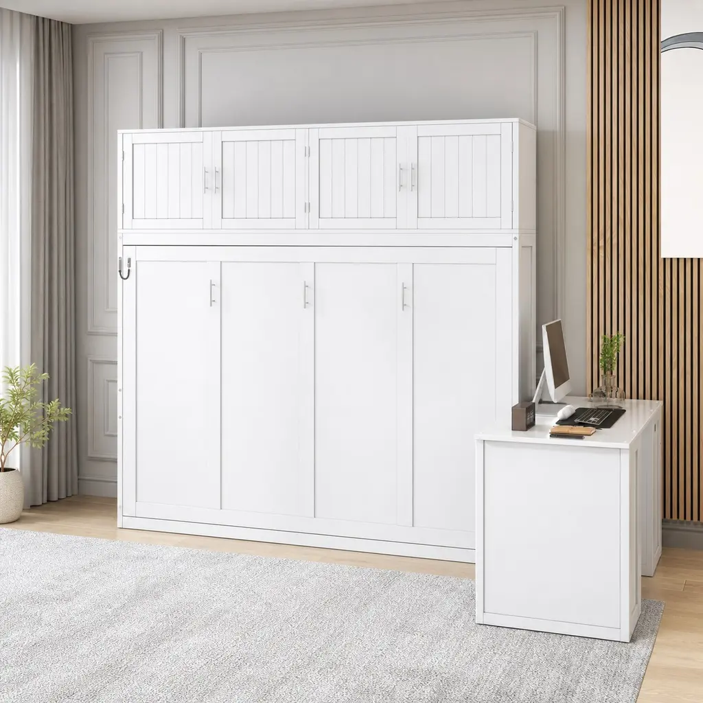 White Wooden Queen Size Wall-Mounted Murphy Bed with Hydraulic Mechanism, Desk, Storage Shelves & Cabinets, 600 lbs Capacity, Space-Saving Combo for Bedroom & Home Office