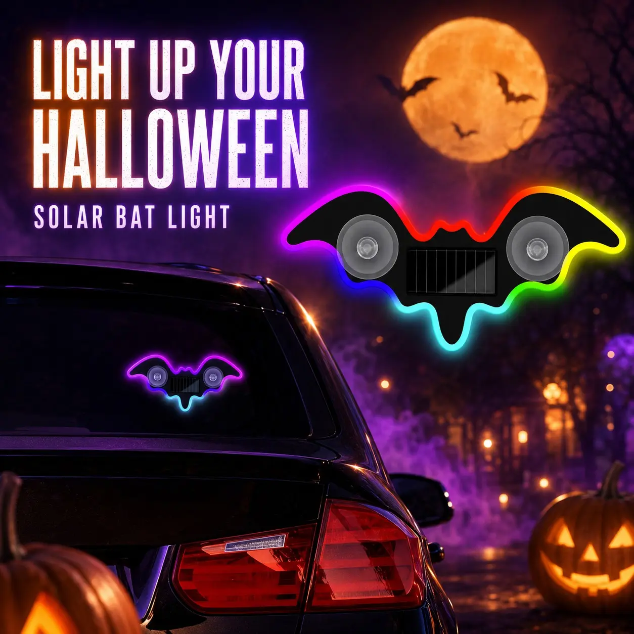 Bat-Shaped Solar Powered LED Ambiance Light, Dynamic Gradient RGB Lighting for Car Interiors, Decorative Accent for Vehicle Dashboards