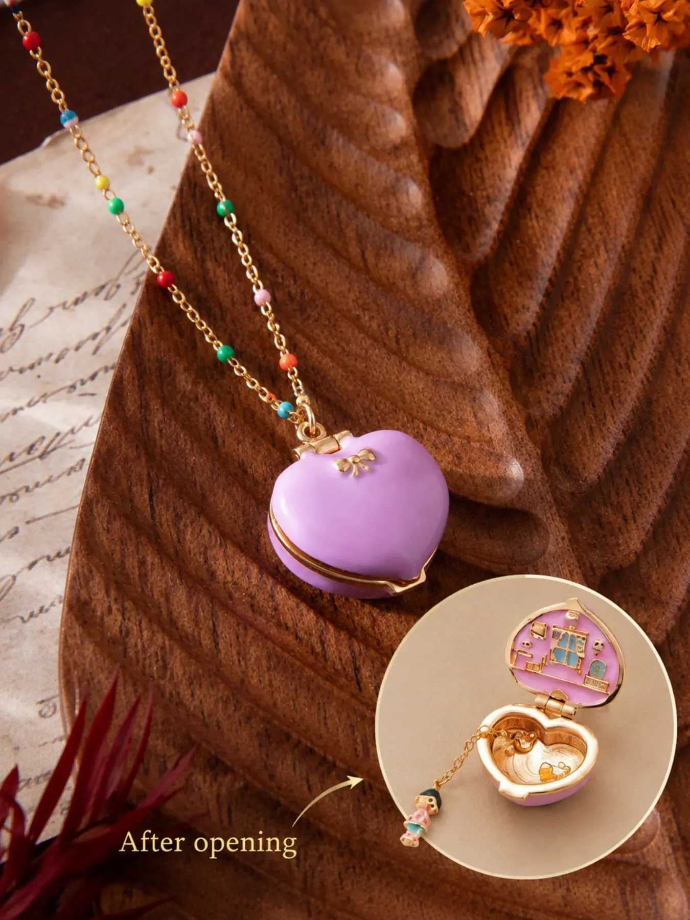 1pc Enchanted Pink Heart Locket Necklace for Women, 18K Gold Plated Love Box Pendant with Hidden Princess & Bunny Scene, Cute Fairy Tale Jewelry, Colorful Beaded Chain, Decorative Necklace, Vintage Style Necklace for Daily Wear, Date Nights, Gift Giving