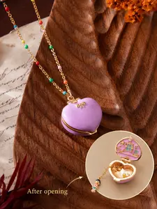 1pc Enchanted Pink Heart Locket Necklace for Women, 18K Gold Plated Love Box Pendant with Hidden Princess & Bunny Scene, Cute Fairy Tale Jewelry, Colorful Beaded Chain, Romantic Vintage Style Necklace for Daily Wear, Date Nights, Vacation & Gift Giving