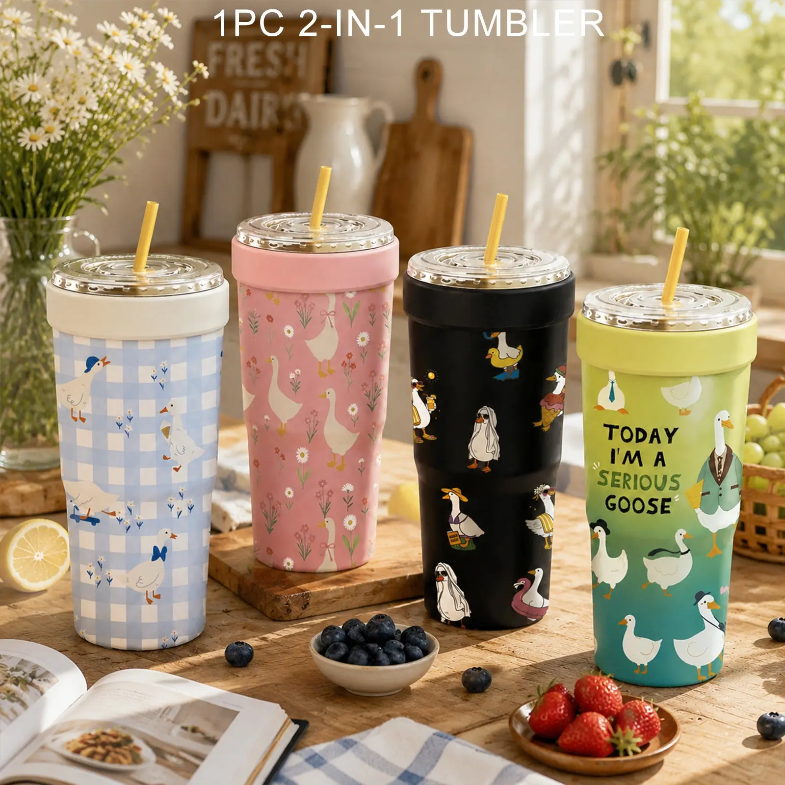 Summer Vibes 1PC 32oz Funny Goose Print 2-in-1 Insulated Tumbler & Iced Coffee Cup Sleeve, Leak-Proof Double Wall Stainless Steel Travel Mug, Cold 12+H & Hot 6+H, Fits 16–24oz To-Go Cups, Halloween, Thanksgiving & Christmas Gift for Friends & Family