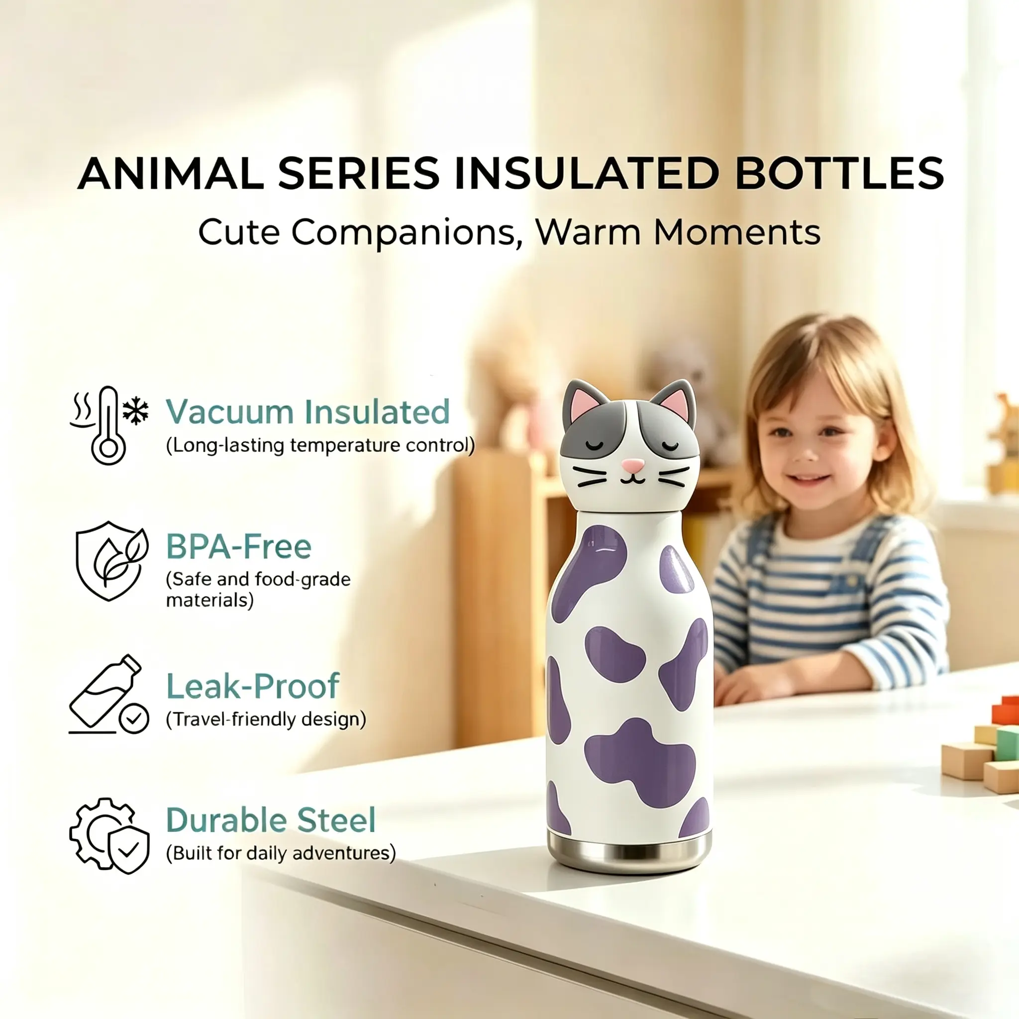 Poney home girlfriend with the same new 3D animal shape double drink cute cat doll cup 450ML cold insulation stainless steel thermos cup children's water cup student fashion portable sports cup