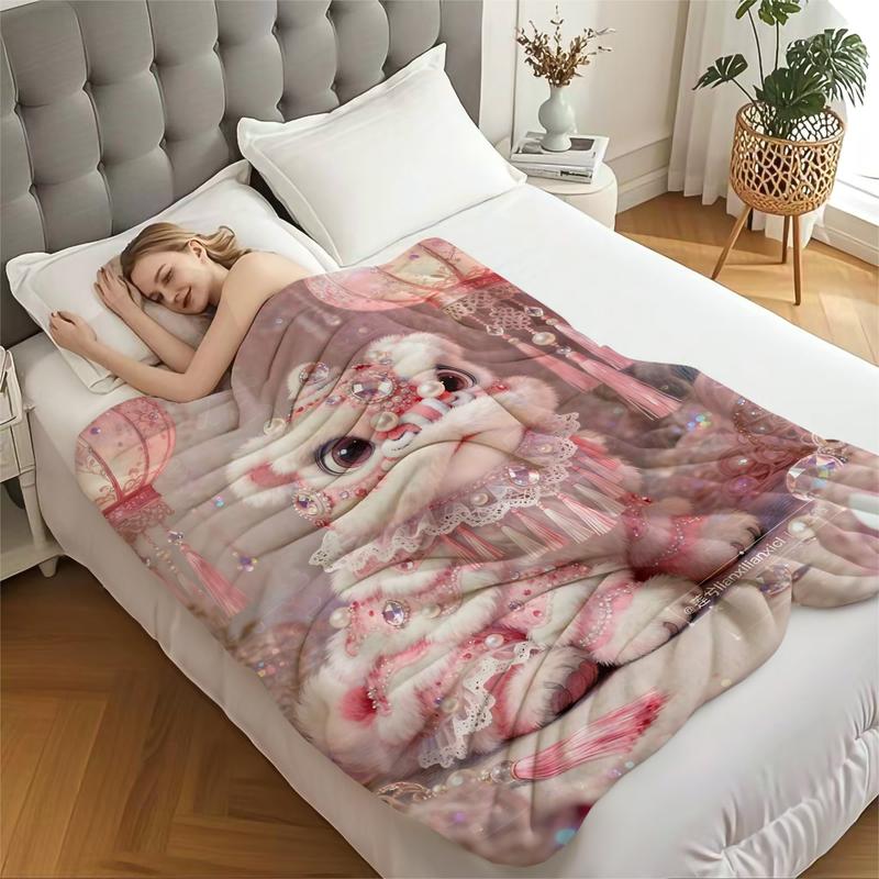 National Trend Theme Printing Blanket, Facecloth Blanket, Into The Traditional Culture, Embellished with Chinese Lanterns and Glitter Effect, Suitable for Sofa, Bedroom and Travel, Suitable for All Seasons