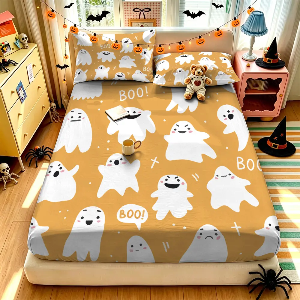 (1 fitted sheet + 2 pillowcases, no filler),Halloween White Ghost Pattern,Machine washable fitted sheet bedding set crafted from safe soft fabric, ideal gift for friends, essential daily bedding for bedroom & dorm