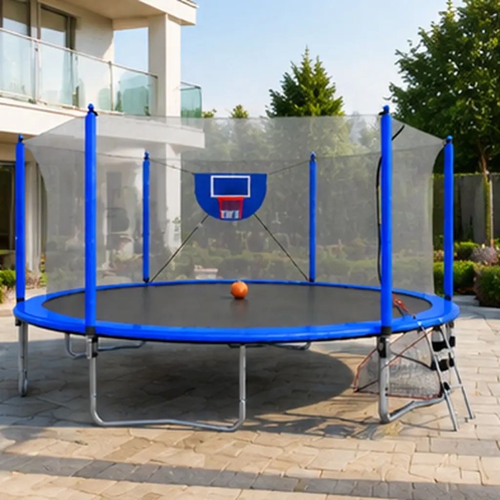 16FT Large Size Multi-Sport Outdoor Trampoline with Safety Net, Basketball Hoop, Soccer Goal, Pump & Ladder - Blue Steel Frame, W-Shape Legs, Inner Enclosure for Kids - 192.13 W x 192.13 D x 106.32 H Inches