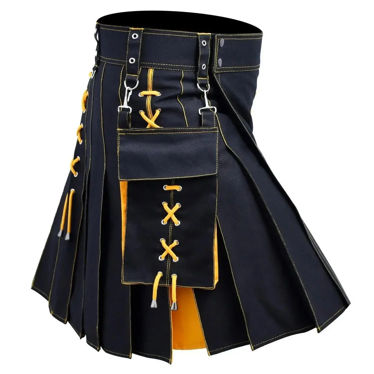 Mens Kilt Utility Scottish Traditional Highland Solid Pleated Buckle Straps Costume Kilts with Cargo Pockets