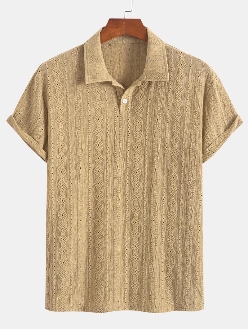 Men's Solid Jacquard Button Polo Shirt, Regular Fit Casual Short Sleeve Polo Top for Summer, Fashion Men's Clothes for Daily Wear