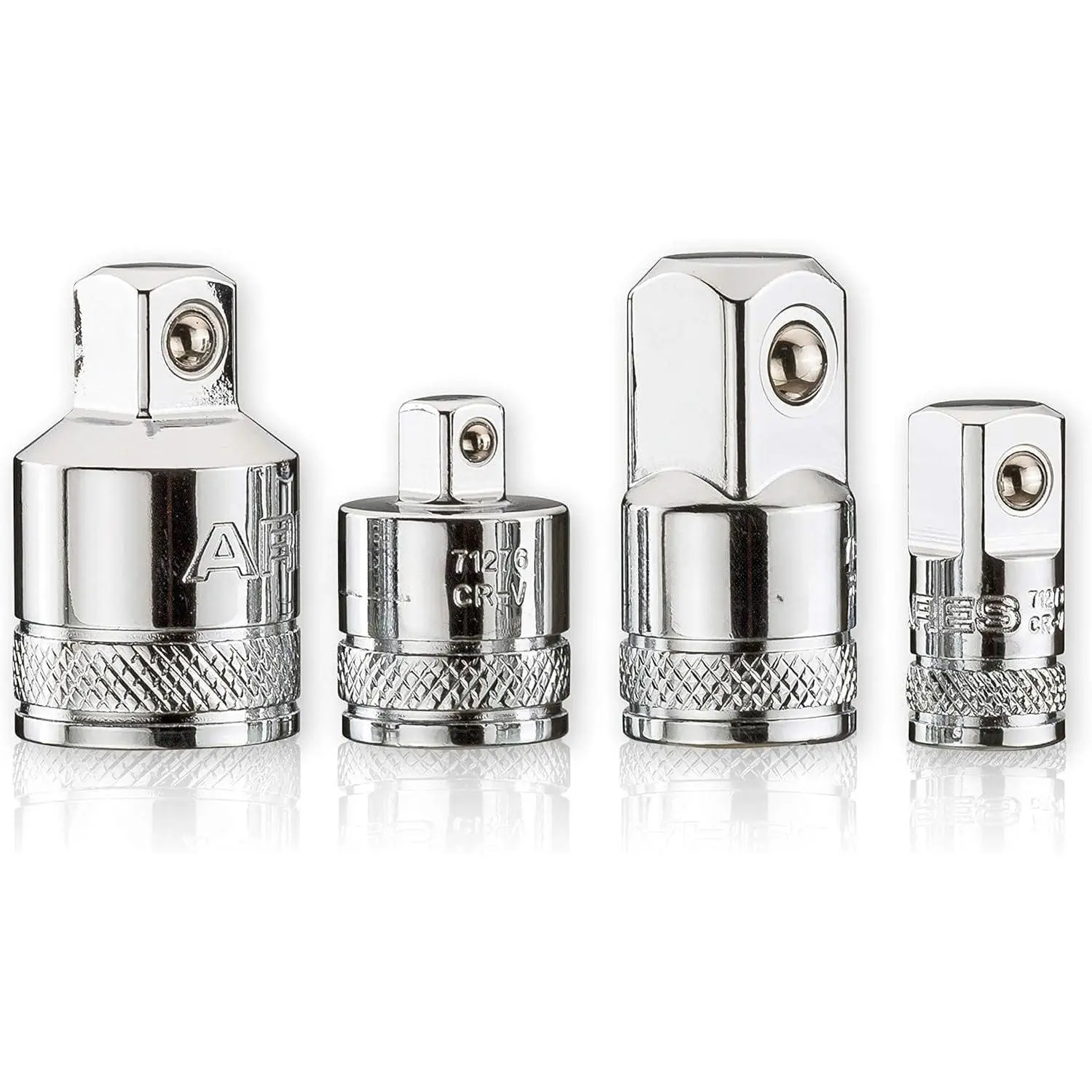 70007 4-Pc Socket Adapter & Reducer Set - 1/4 to 3/8 to 1/2-In |  Chrome Vanadium Steel with Mirror Finish; Ratchet/Socket Conversion Kit