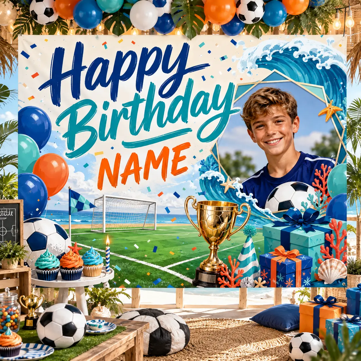 Custom Photo & Name Soccer Birthday Backdrop, Ocean Blue Wave Soccer Field Trophy Cupcakes Gifts, Sports Party Banner