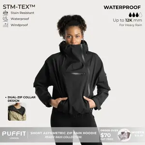 PUFFIT STM-TEX Short Rain Hoodie With Asymmetric Zip and Adjustable Hem,Chest Pocket Design,Spring Hooded Jacket,Waterproof Jacket,Women Jacket,Spring Jacket,Windbreaker,Dog Walking,School Running,Football Mum,Stylish