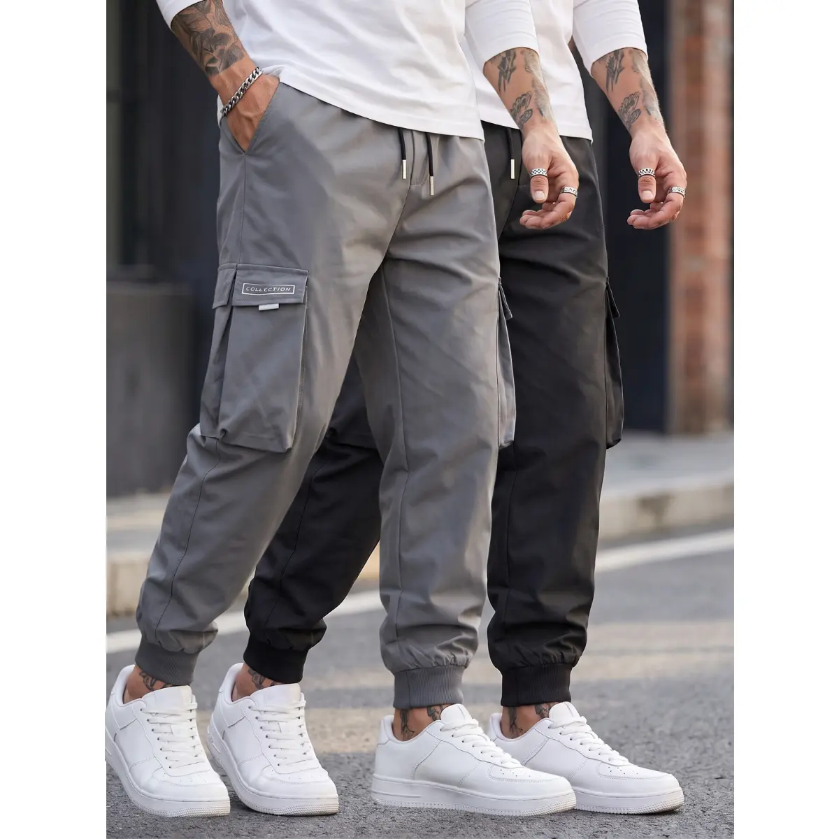 Men's 2-Pack Baggy Cropped Cargo Joggers, Woven Casual Pants with Letter Patch, Drawstring Waist and Deep Pockets, Cropped Cut, Two Pack, 2Pc-B&G
