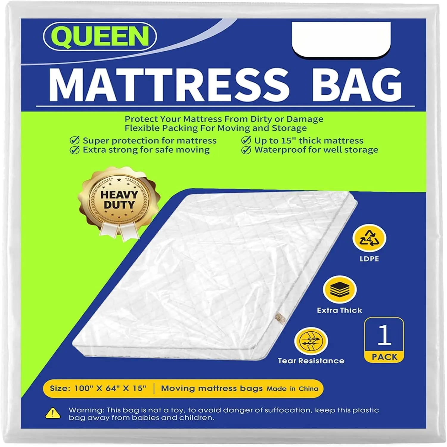 1PK  Size Mattress Bag for Moving, Plastic Mattress Protector Cover, Heavy-Duty Mattress Moving Cover Bags ( Plastic, )