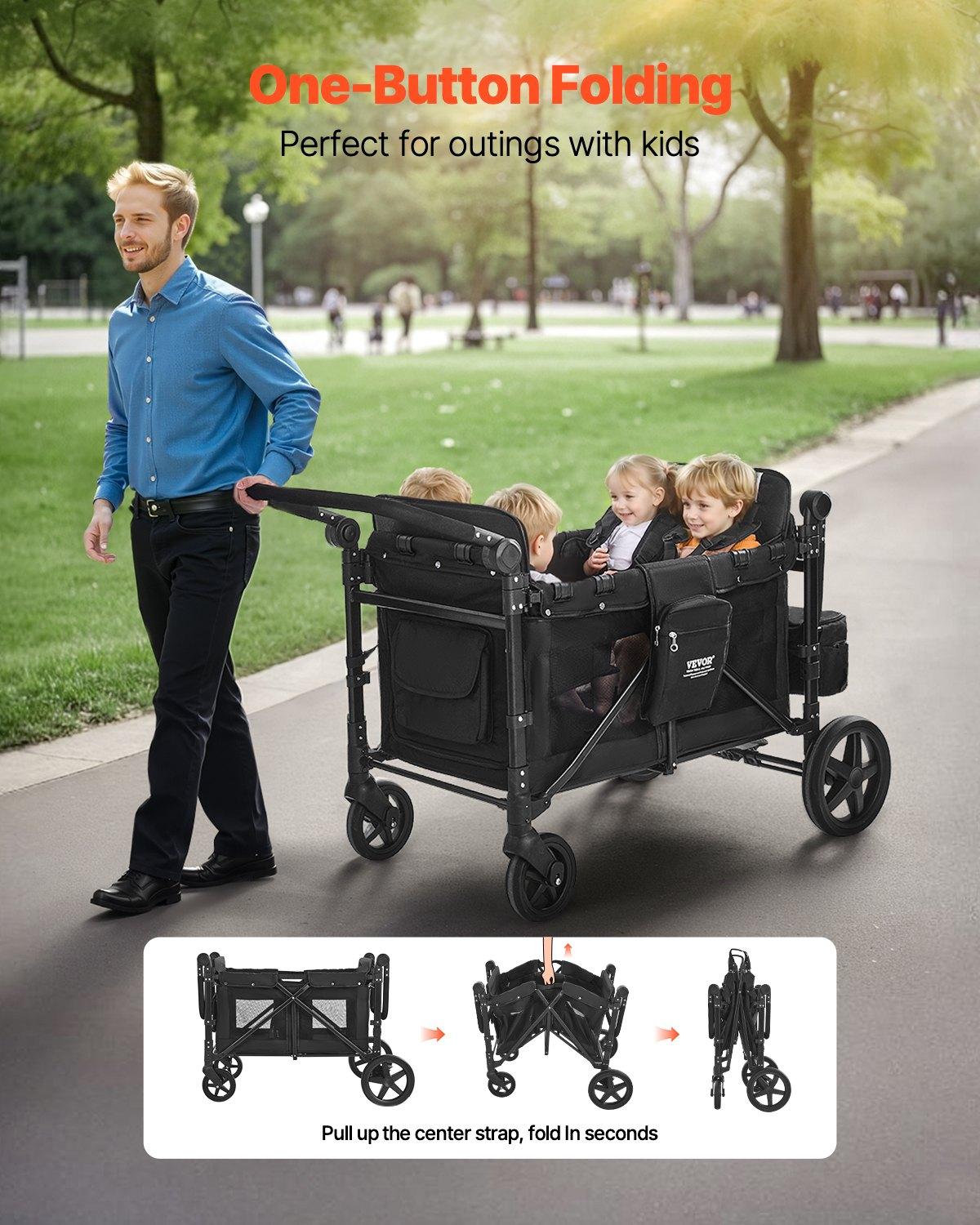 VEVOR Wagon Stroller for 4 Kids, Push Pull Quad Collapsible Stroller with Adjustable Handle, 5-Point Safety Harness & Removable Canopy, 4-Seater Stroller Wagon for Camping, Black (330LBS Loading) VEVOR Wagon Stroller for 4 Kids, Push Pull Quad Collapsible Stroller with Adjustable Handle, 5-Point Safety Harness & Removable Canopy, 4-Seater Stroller Wagon for Camping, Black (330LBS Loading)